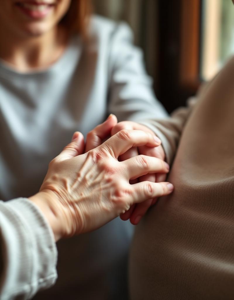 A carer's hands gently holding an elderly resident's hand